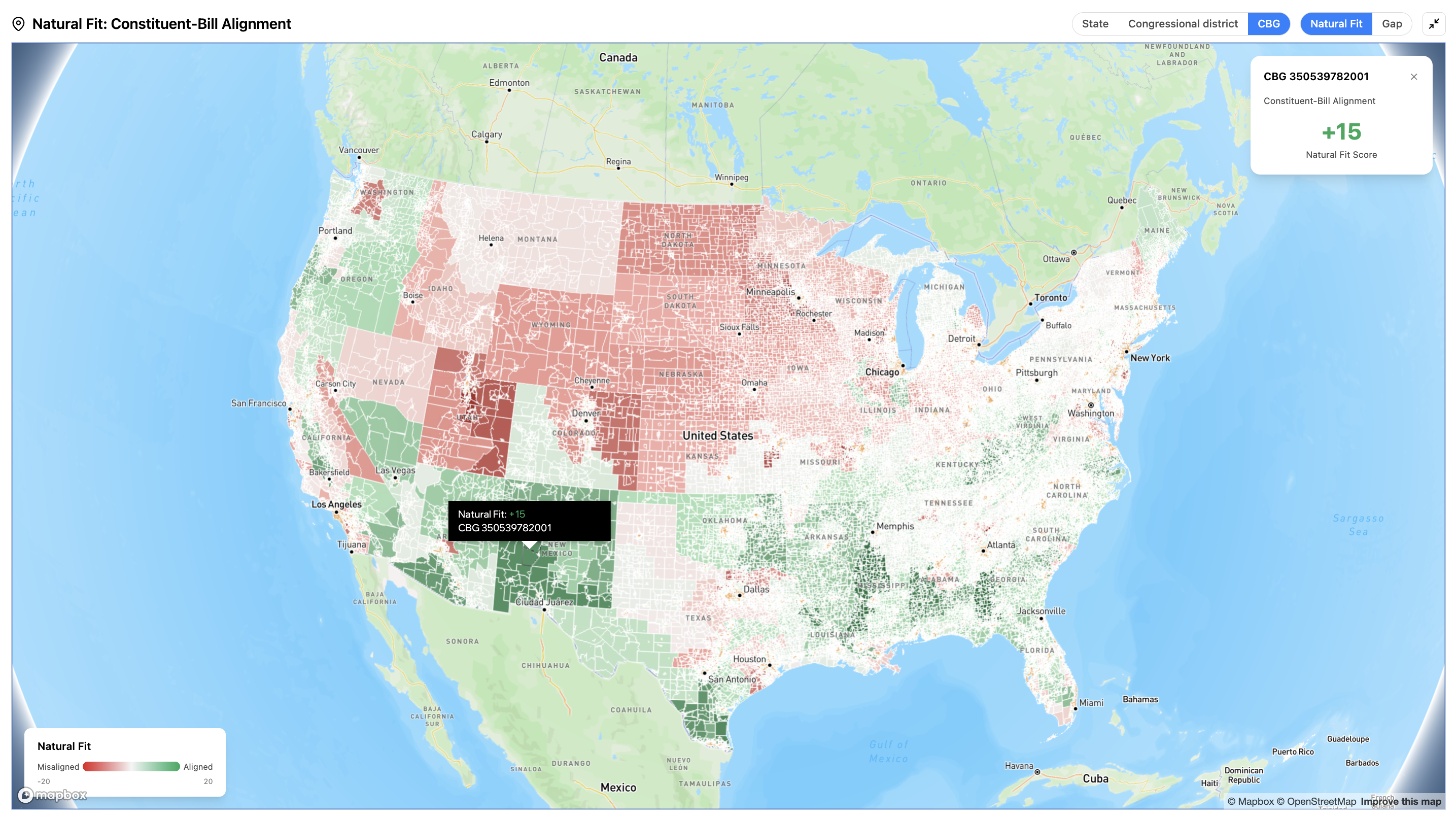 Natural Fit · constituent-bill alignment scored to the Census block group, U.S. map view